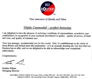 Les Routiers letter awarding The New Ferry Restaurant 'Highly Commended' status, one of only 34 in Great Britain and Ireland